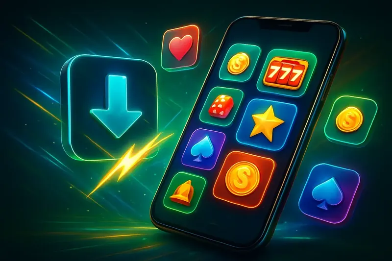 Glossy smartphone casino app banner with neon download symbol and glowing tiles