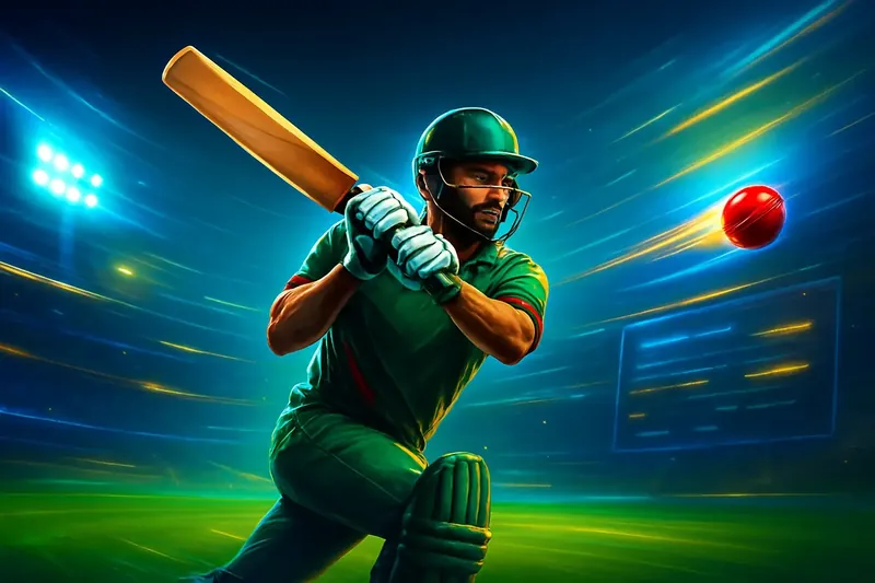 Cricket batter striking ball under stadium lights in dynamic sportsbook banner