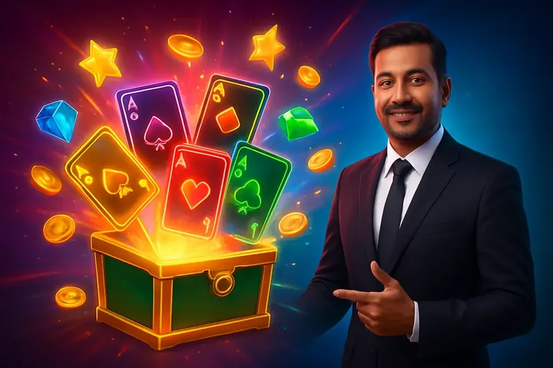 Glowing reward chest with cards, coins, gems, and stars bursting out