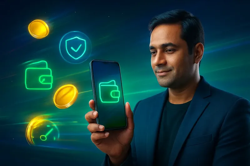Hand holding smartphone with secure mobile wallet, coins, and speed light trails