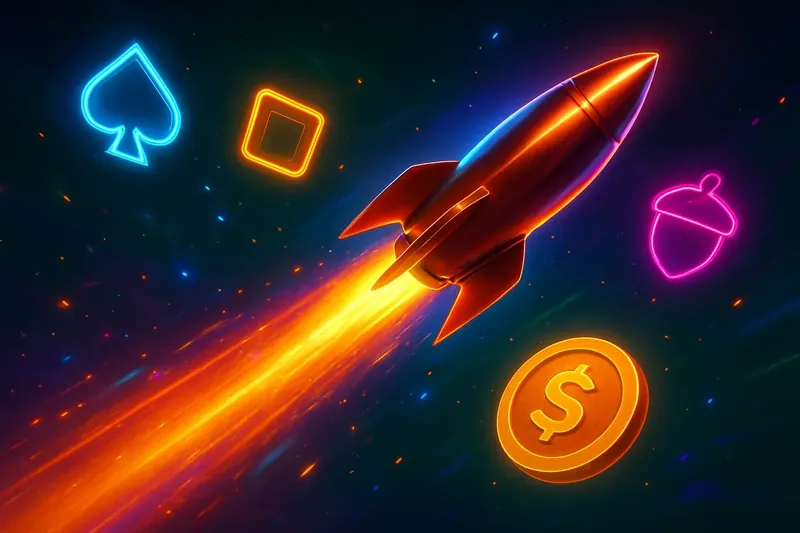 Dynamic rocket launch casino banner with neon speed trails and game particles