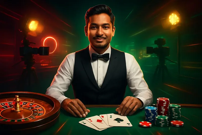 Friendly professional live dealer with roulette, cards, chips, and studio lights