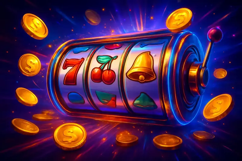 Colorful spinning slot machine reels with coins, sparkles, and neon glow